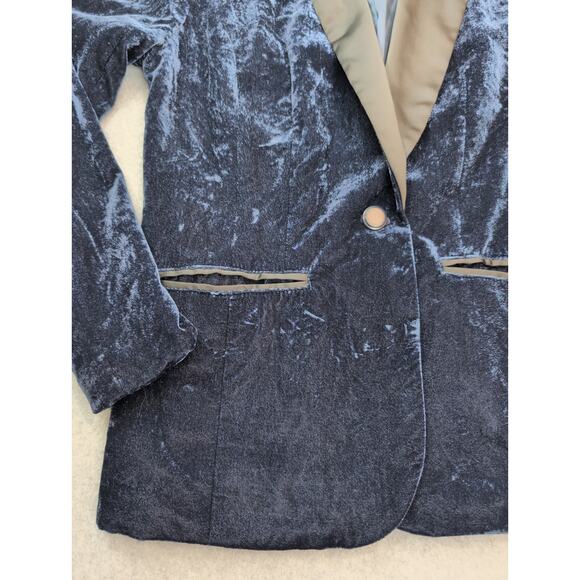 G.I.L.I. Womens Blue Velvet Blazer SZ 6 Black Satin Shawl Lapel Holiday Glam - Picture 4 of 14